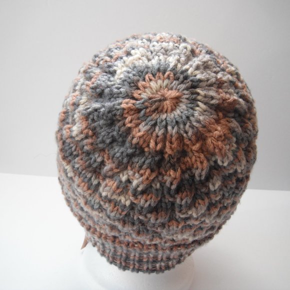 Hand Knitted Hat Toque Adult Size - L Acrylic Brown/Gray - 023 Hand knit by me - Picture 4 of 8